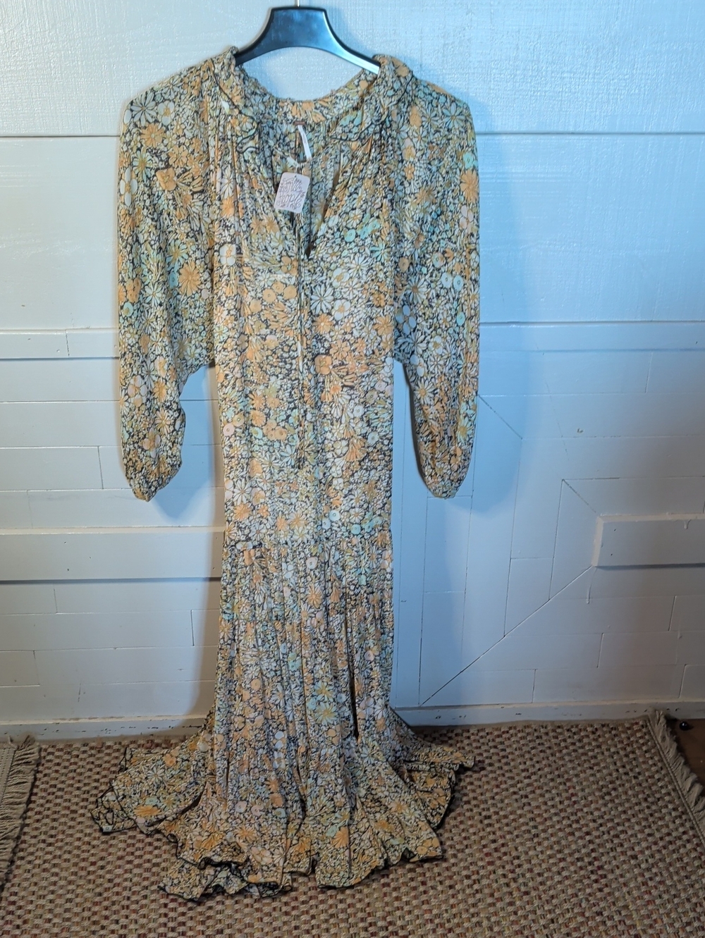 Free People Yellow Cream Floral Tiered Maxi Dress with Ruffle Neck